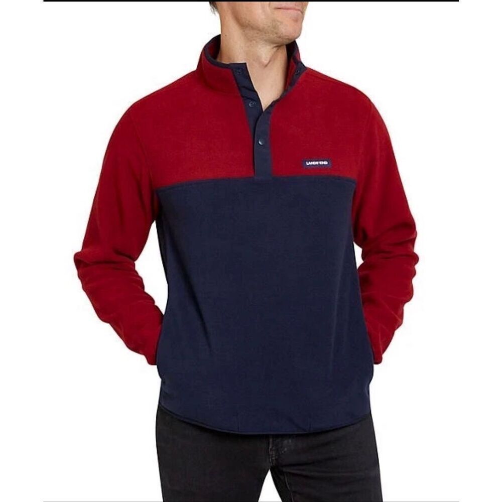 Lands End Men XL 1/4 Snap Long Sleeve Fleece Pullover Red/Navy cozy warm